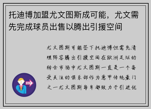 托迪博加盟尤文图斯成可能，尤文需先完成球员出售以腾出引援空间