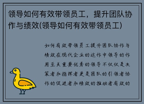 领导如何有效带领员工，提升团队协作与绩效(领导如何有效带领员工)